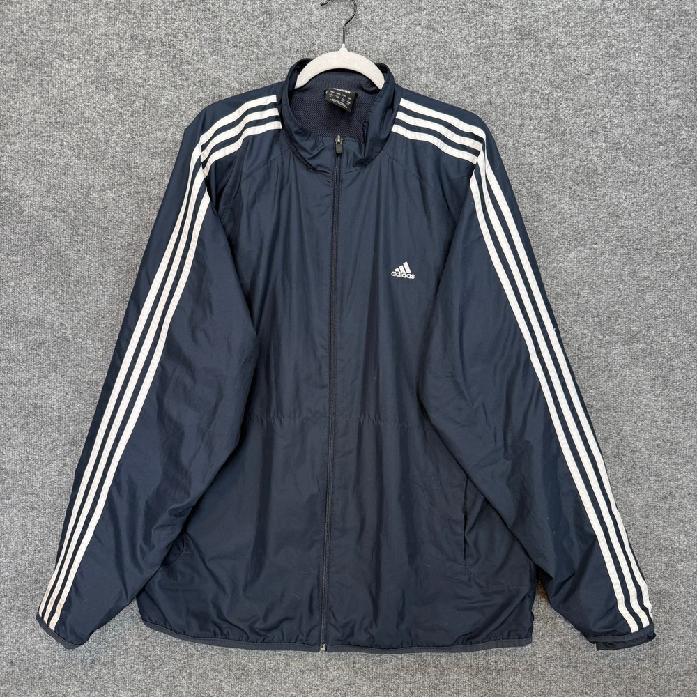Adidas‎ Windbreaker Jacket Men Large Navy Blue Three Stripe Full Zip Up Y2K